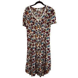 Colorful Retro Floral Dress M Red Boho Indie Folk‎ Festival Cottage Earthy Artsy